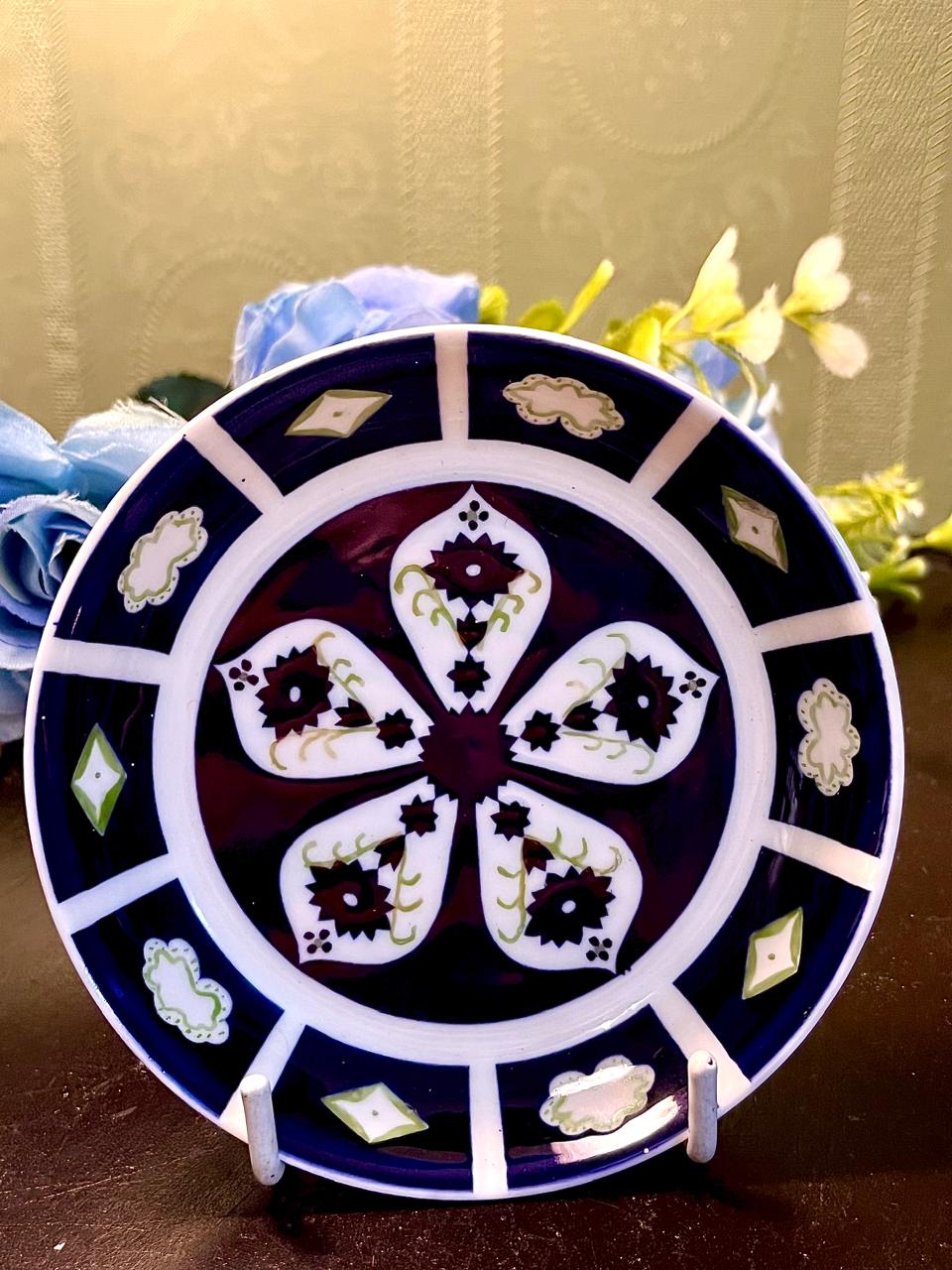 Blue Burgundy Geometric Floral Decorative Plate 4.25 Inch