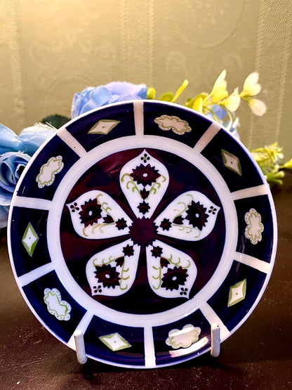 Blue Burgundy Geometric Floral Decorative Plate 4.25 Inch