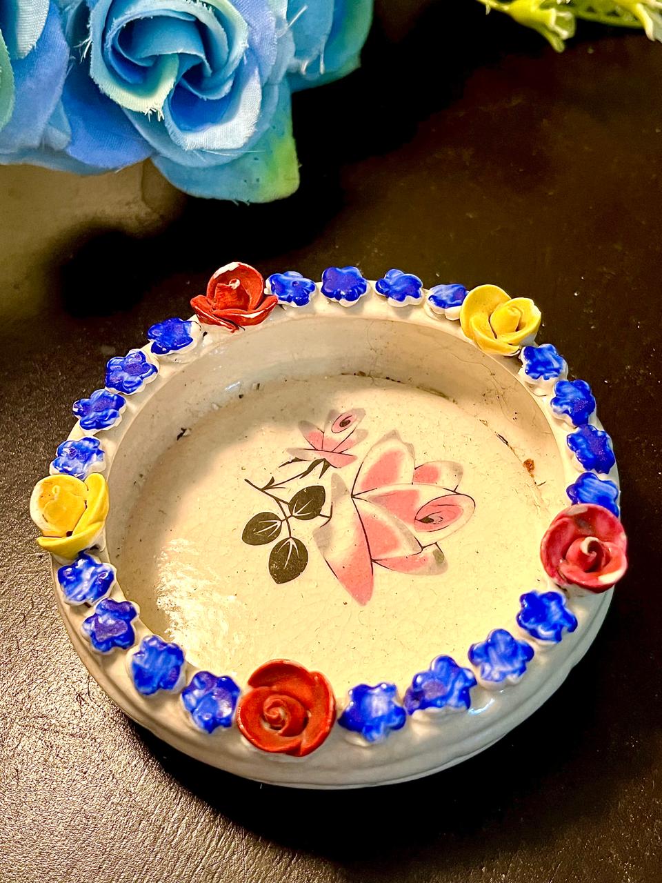 Floral Ceramic Trinket Dish with Raised Roses 3.25 Inch