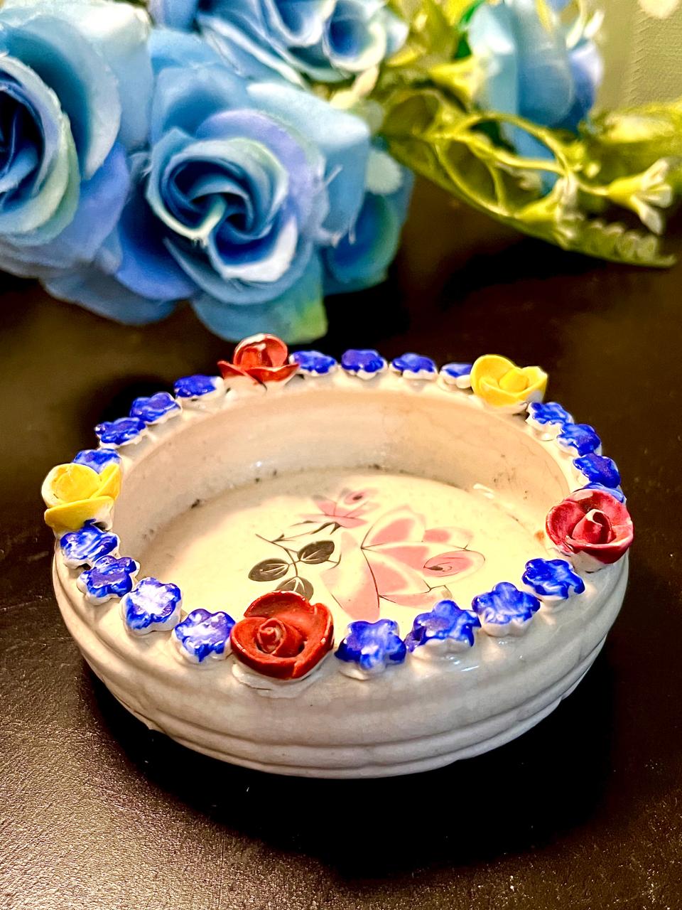 Floral Ceramic Trinket Dish with Raised Roses 3.25 Inch