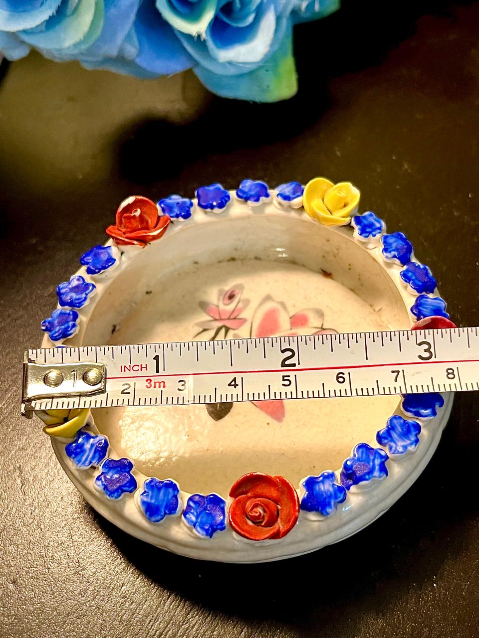 Floral Ceramic Trinket Dish with Raised Roses 3.25 Inch