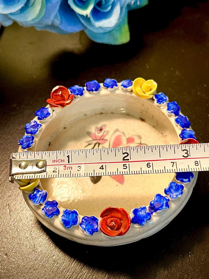 Floral Ceramic Trinket Dish with Raised Roses 3.25 Inch