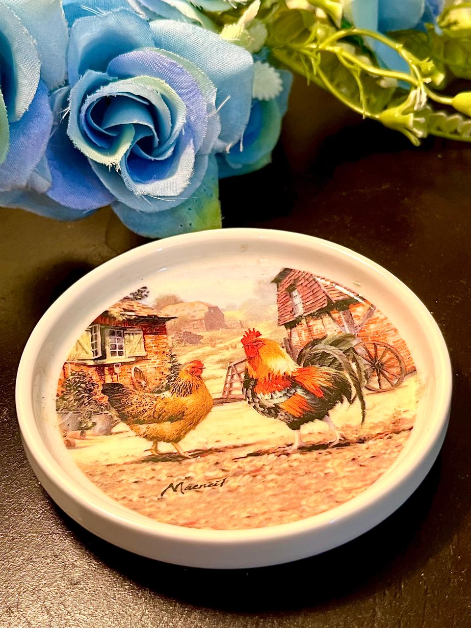 Farmyard Chicken Scene Ceramic Trinket Dish 3.5 Inch