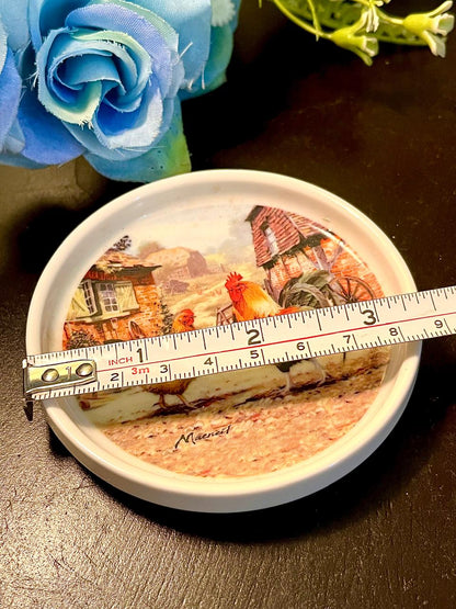 Farmyard Chicken Scene Ceramic Trinket Dish 3.5 Inch