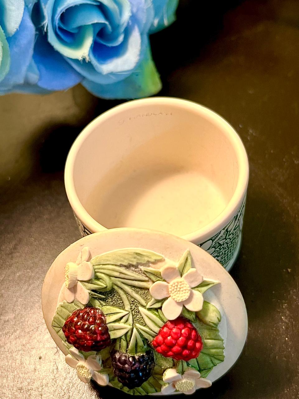 Berry Floral Relief Ceramic Trinket Box 2.5 Inch