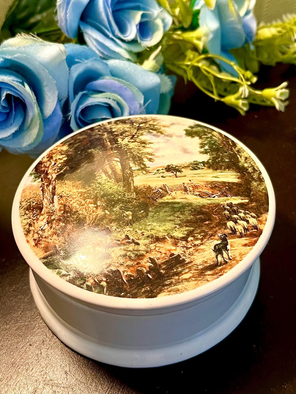 Pastoral Sheep Scene Ceramic Trinket Box 4 Inch