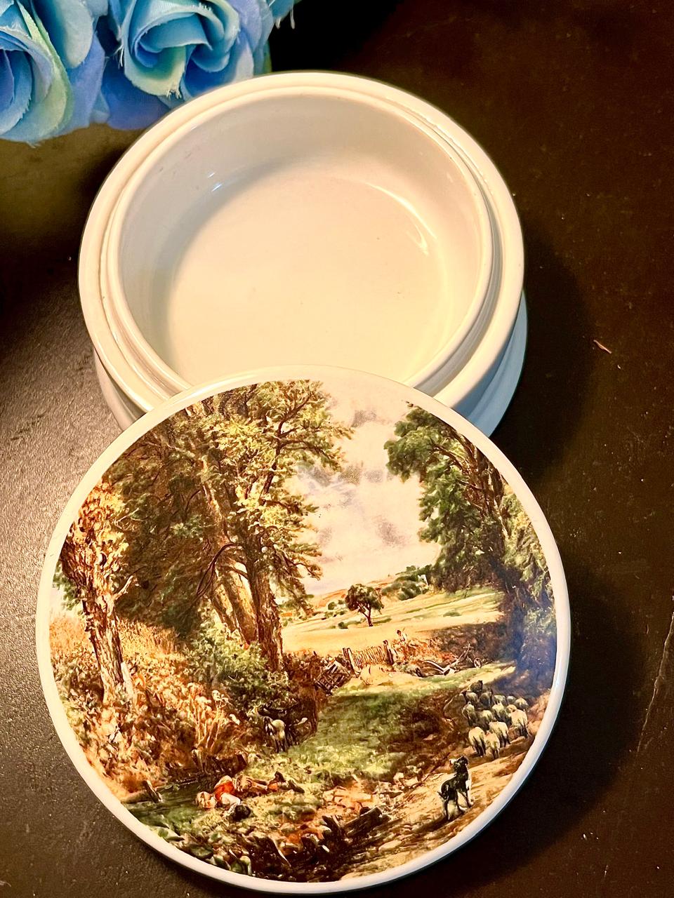 Pastoral Sheep Scene Ceramic Trinket Box 4 Inch
