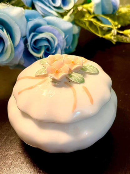 Peach Floral Ceramic Trinket Box 3.25 Inch