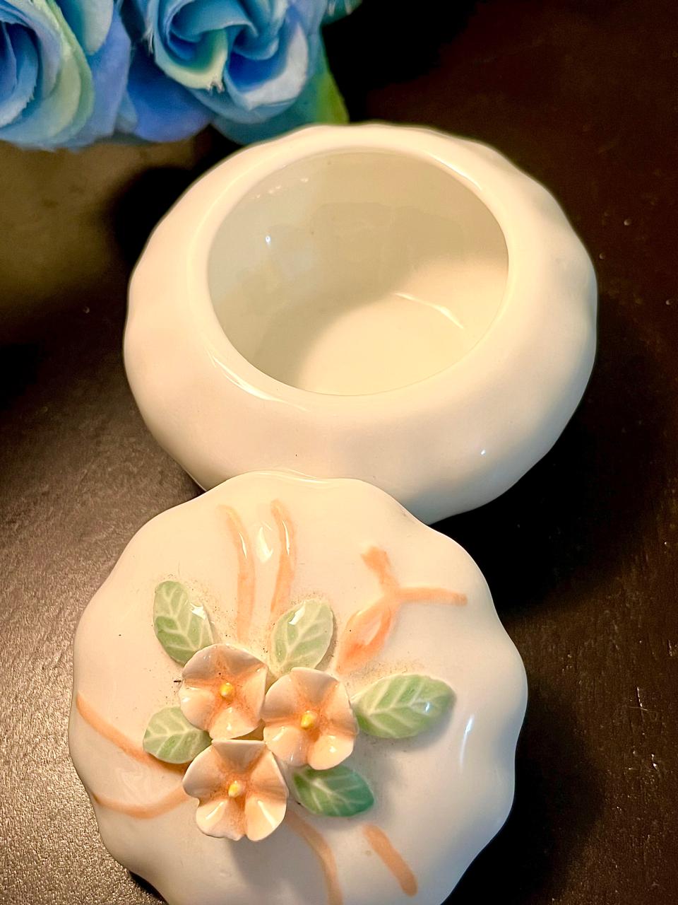 Peach Floral Ceramic Trinket Box 3.25 Inch