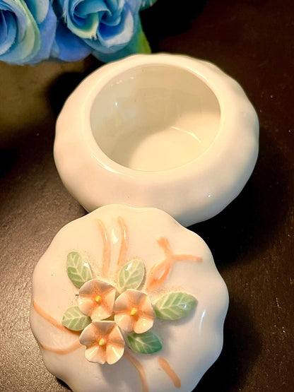 Peach Floral Ceramic Trinket Box 3.25 Inch