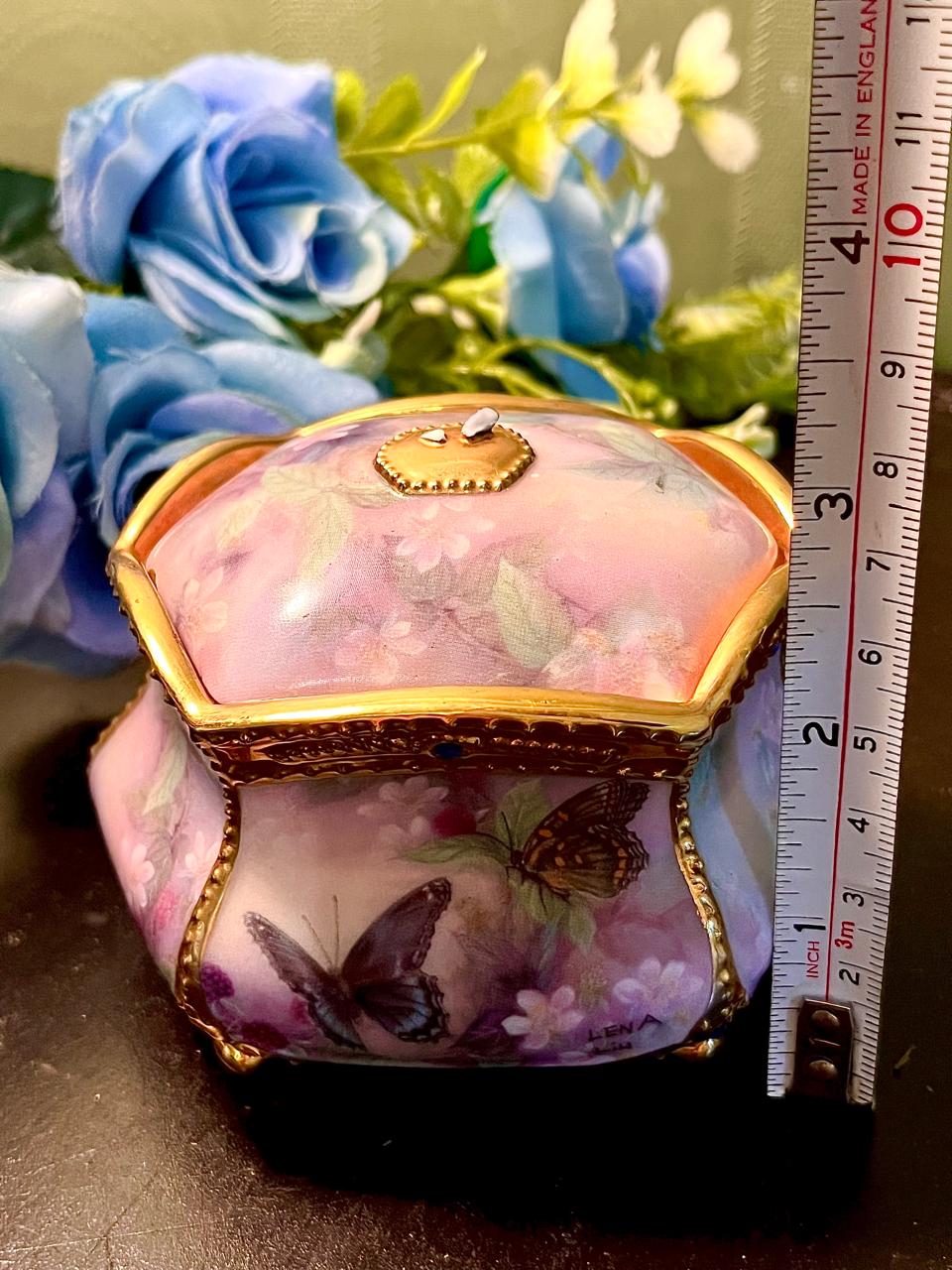 Butterfly Floral Musical Hexagonal Porcelain Trinket Box with Gold Trim 3.5 Inch