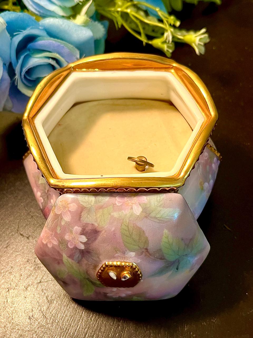 Butterfly Floral Musical Hexagonal Porcelain Trinket Box with Gold Trim 3.5 Inch