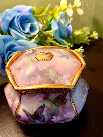 Butterfly Floral Musical Hexagonal Porcelain Trinket Box with Gold Trim 3.5 Inch