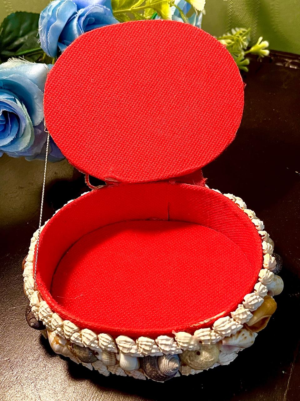 Shell-Covered Decorative Trinket Box Red Lining 4.5 Inch