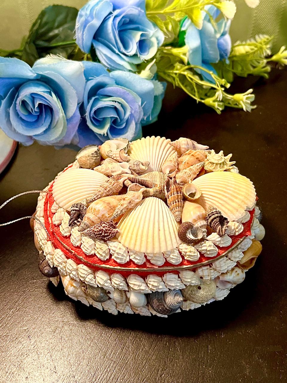 Shell-Covered Decorative Trinket Box Red Lining 4.5 Inch