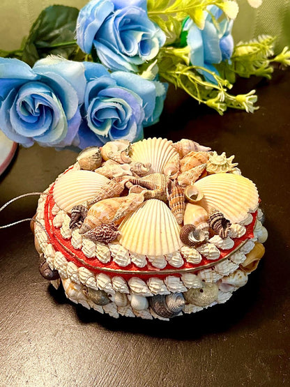 Shell-Covered Decorative Trinket Box Red Lining 4.5 Inch