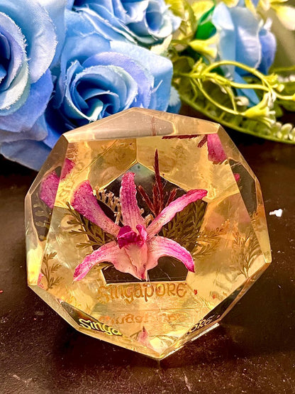 Singapore Pink Orchid Crystal Paperweight 3 Inch