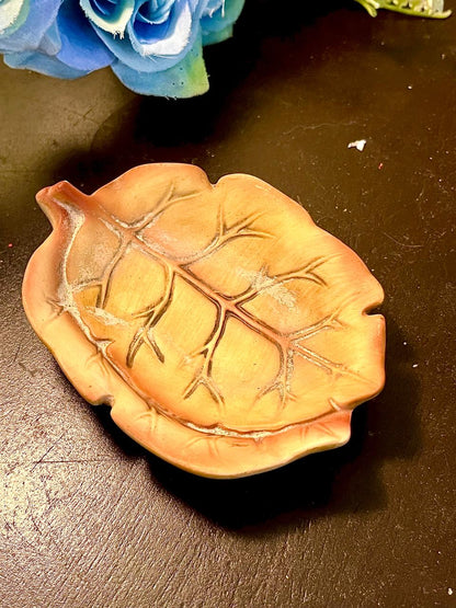 Brown Leaf-Shaped Ceramic Trinket Dish 4 Inch