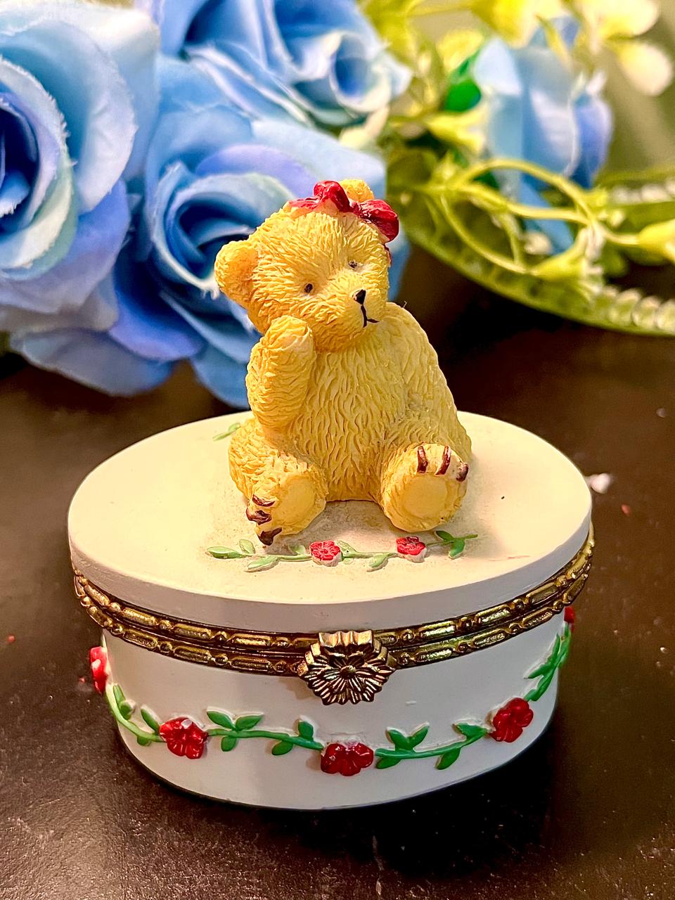 Cute Teddy Bear Round Trinket Box with Floral Design