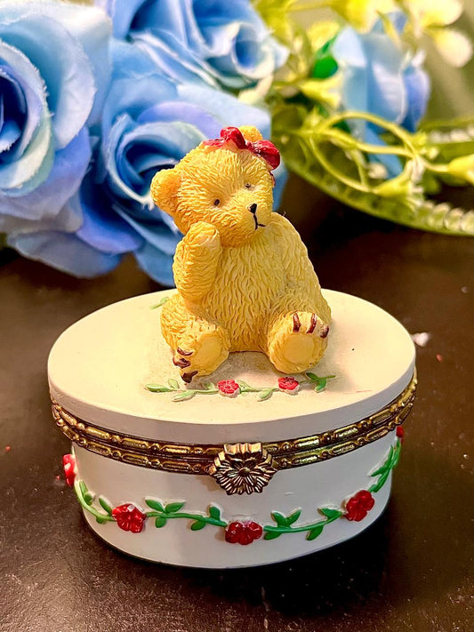 Cute Teddy Bear Round Trinket Box with Floral Design