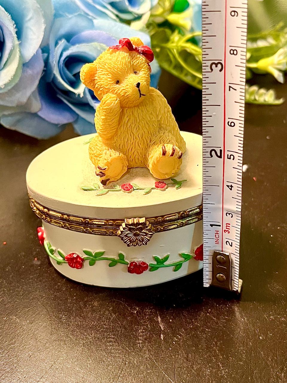 Cute Teddy Bear Round Trinket Box with Floral Design