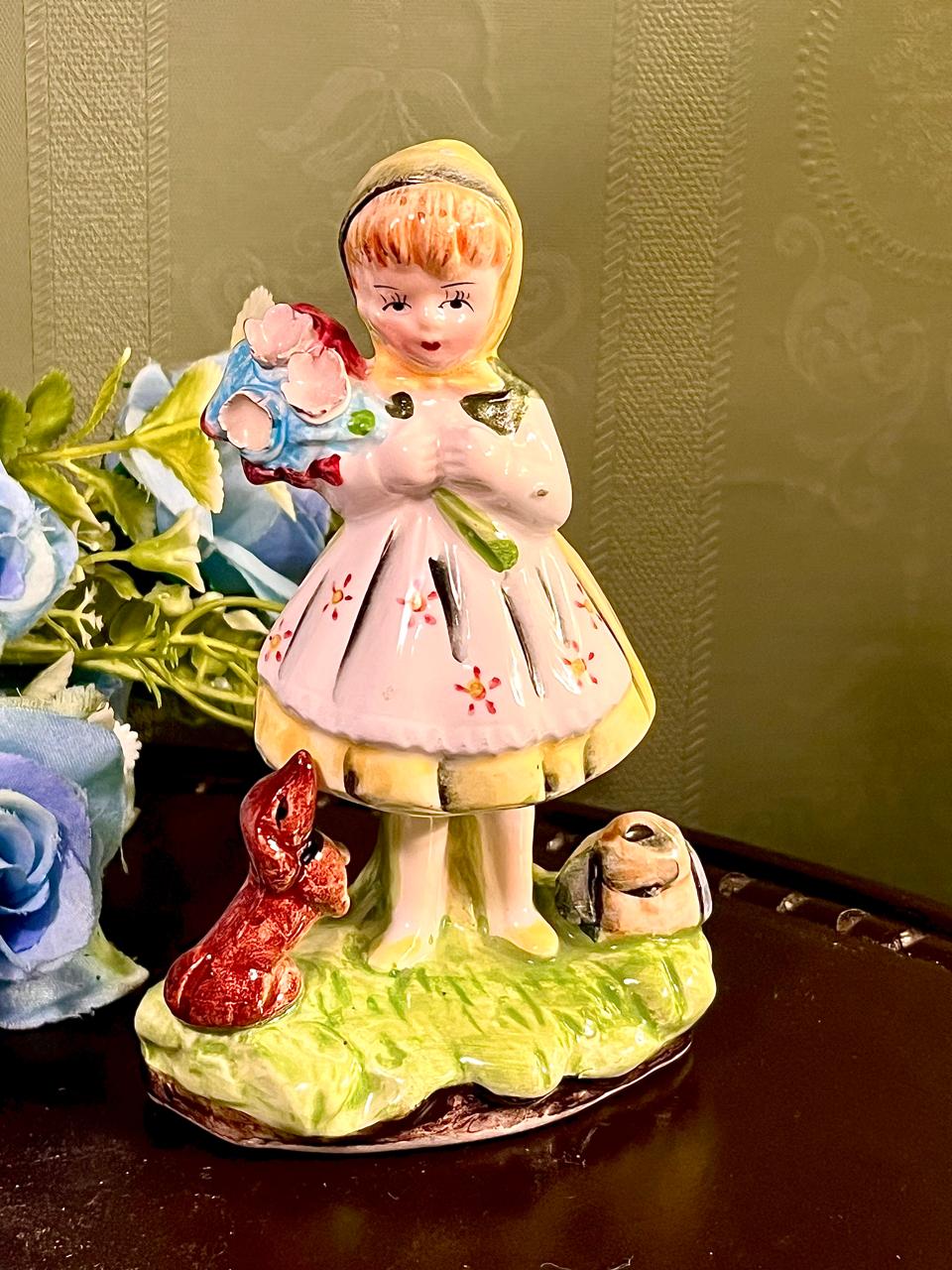 Girl With Flowers and Dog Figurine 5 Inch