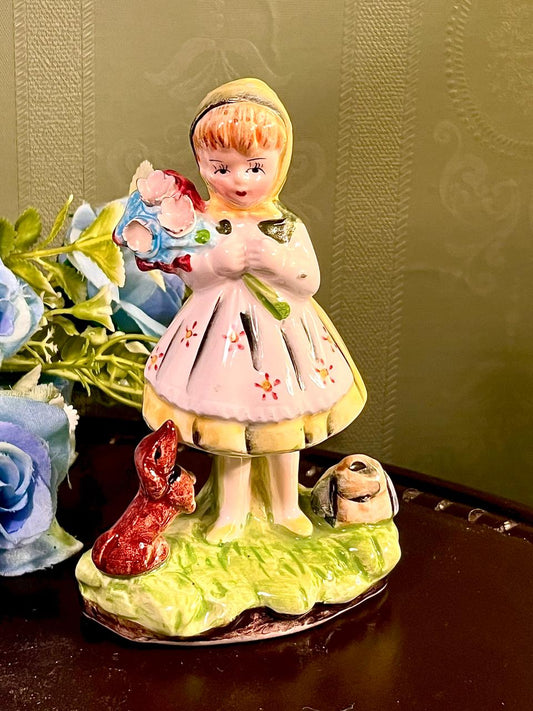 Girl With Flowers and Dog Figurine 5 Inch