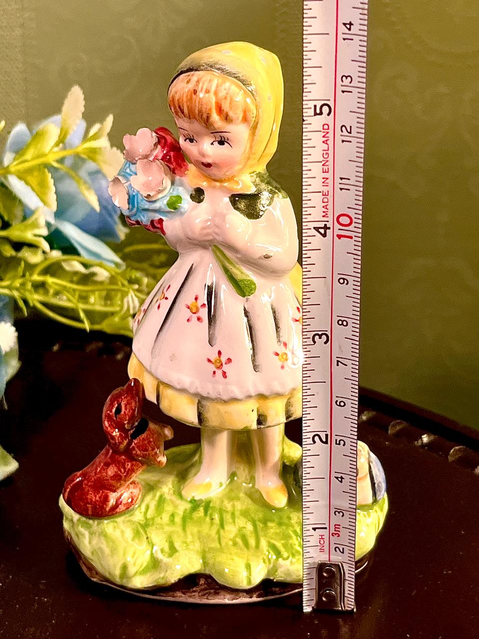 Girl With Flowers and Dog Figurine 5 Inch