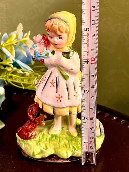 Girl With Flowers and Dog Figurine 5 Inch