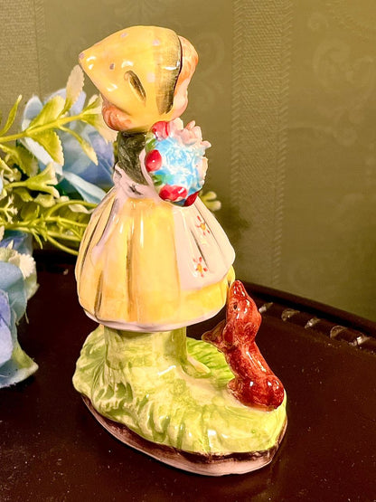 Girl With Flowers and Dog Figurine 5 Inch