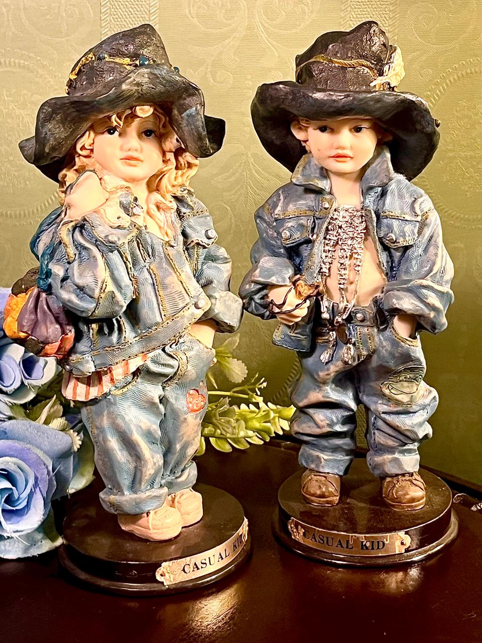 Casual Kid Western Child Figurines Set of 2, 7.5 Inch