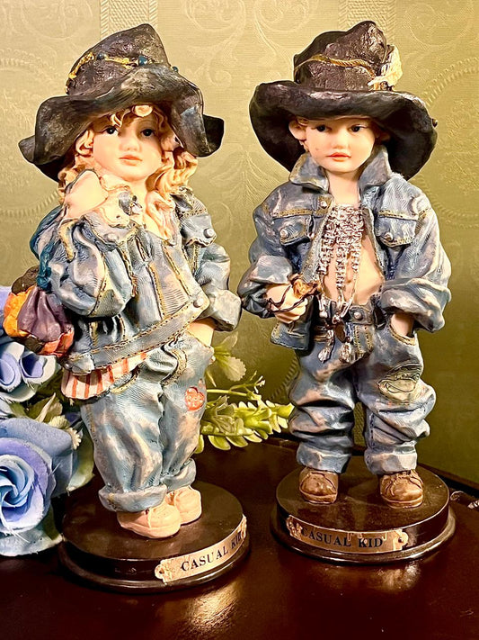 Casual Kid Western Child Figurines Set of 2, 7.5 Inch