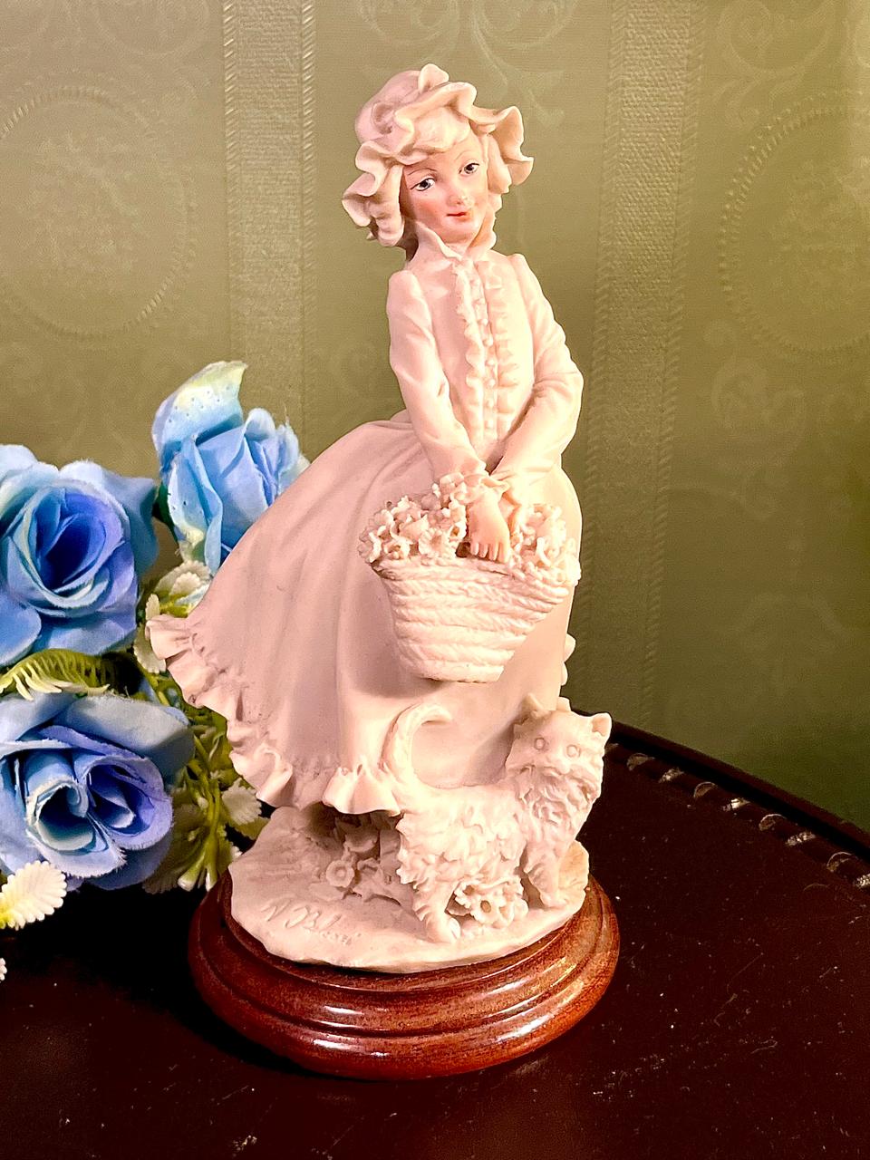 Lady with Flower Basket and Cat Figurine 8 Inch