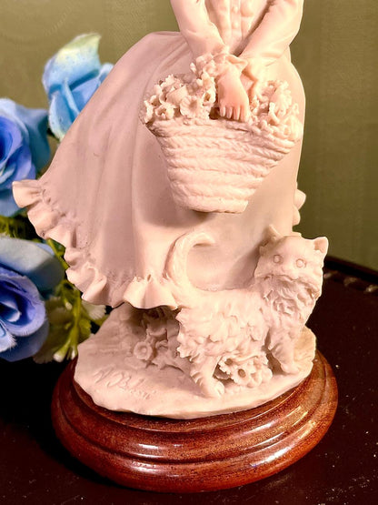 Lady with Flower Basket and Cat Figurine 8 Inch