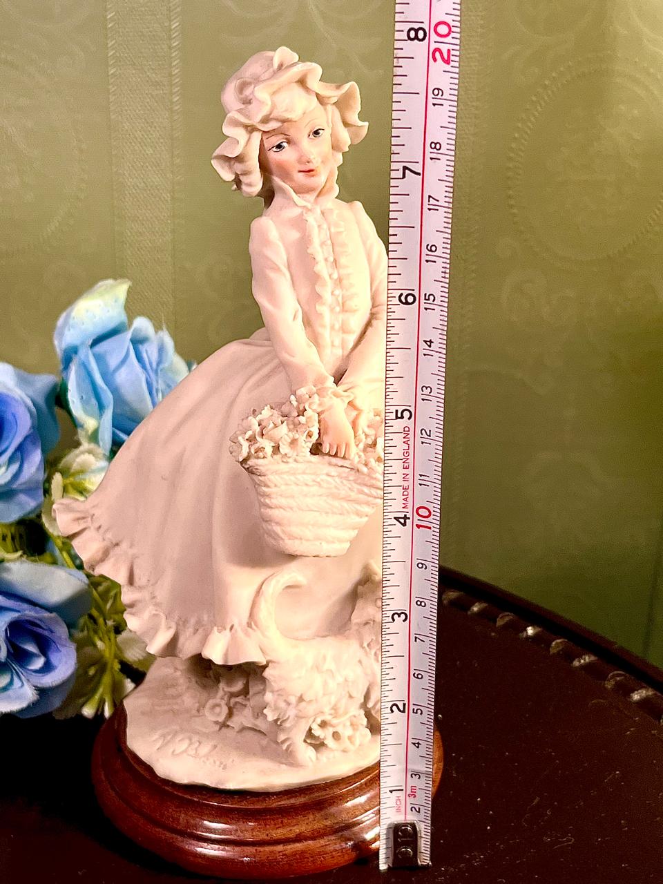 Lady with Flower Basket and Cat Figurine 8 Inch