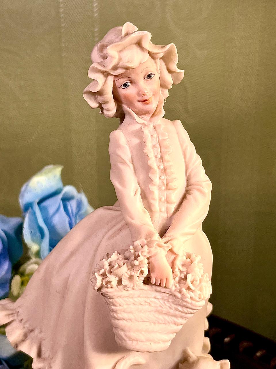 Lady with Flower Basket and Cat Figurine 8 Inch