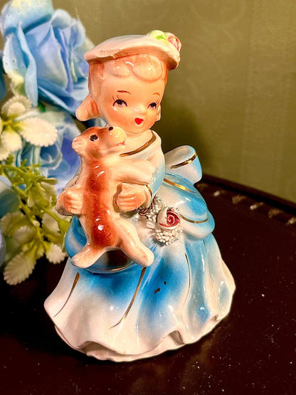 Girl Holding Puppy Figurine Blue Dress 4.5 Inch