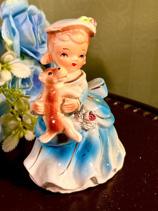 Girl Holding Puppy Figurine Blue Dress 4.5 Inch