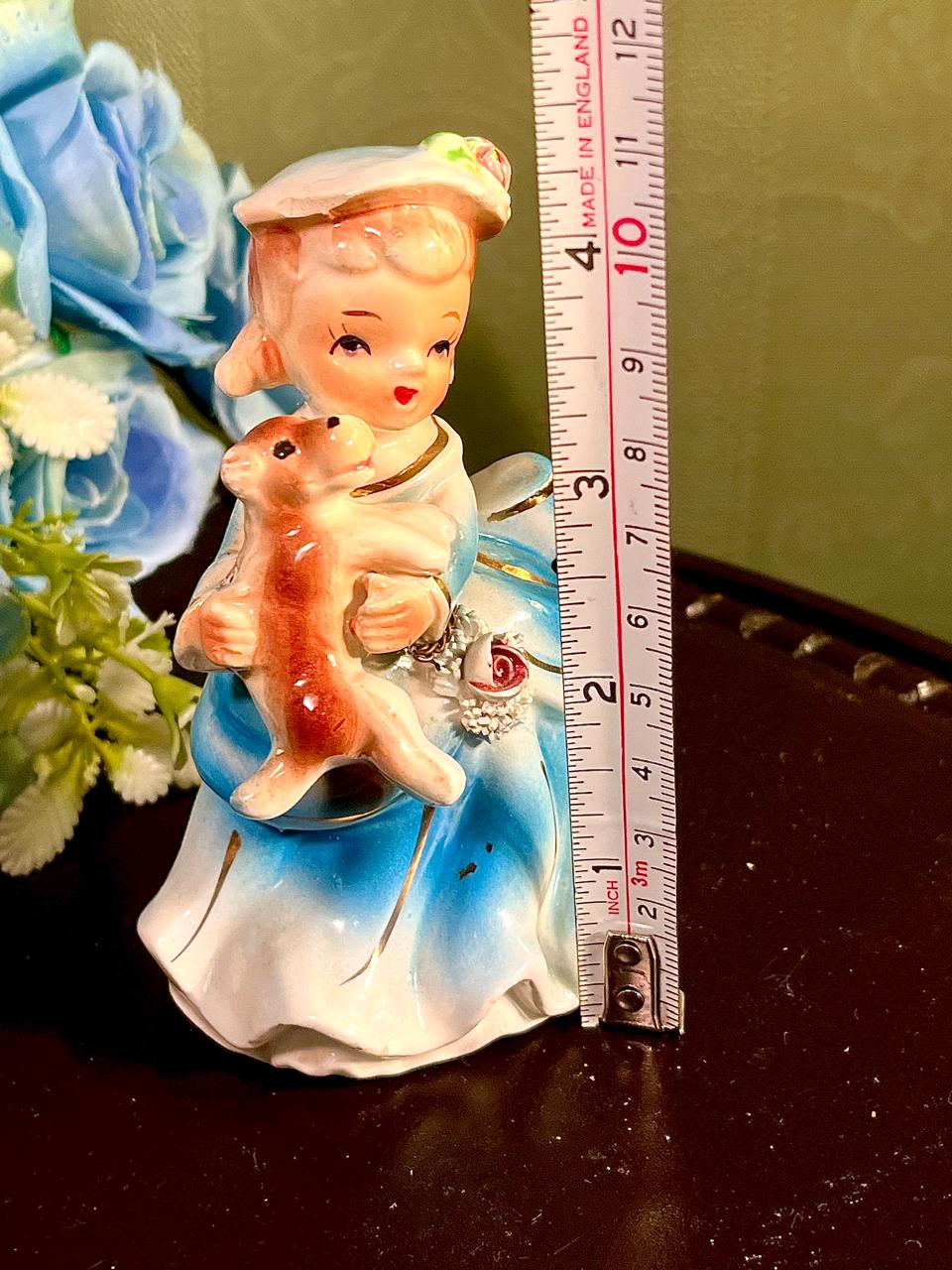 Girl Holding Puppy Figurine Blue Dress 4.5 Inch