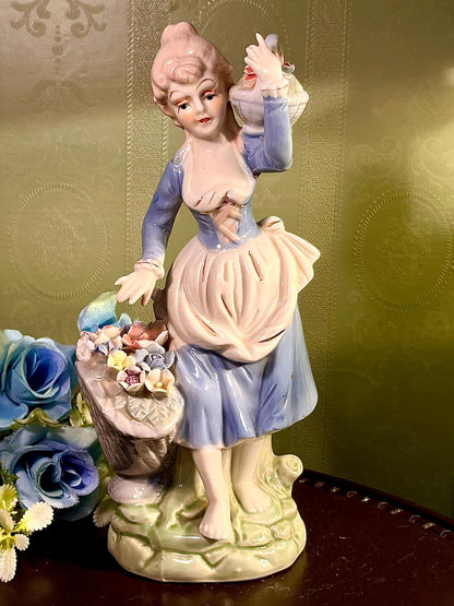 Victorian Lady with Flower Basket Porcelain Figurine 10 Inch