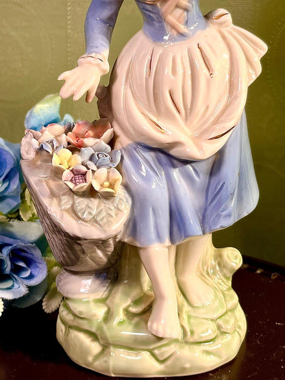 Victorian Lady with Flower Basket Porcelain Figurine 10 Inch