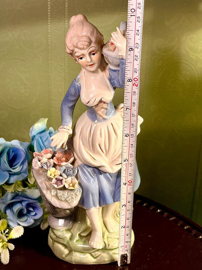 Victorian Lady with Flower Basket Porcelain Figurine 10 Inch