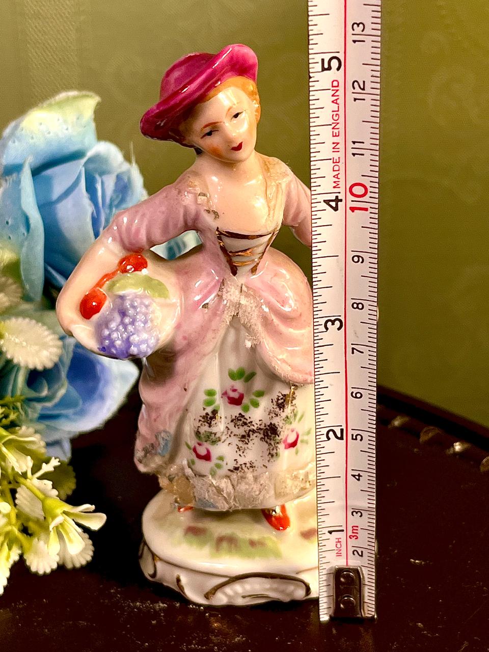 Vintage Lady with Flower Basket Porcelain Figurine 5 Inch