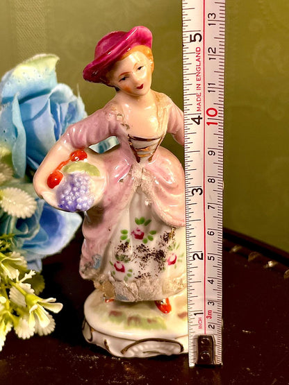Vintage Lady with Flower Basket Porcelain Figurine 5 Inch