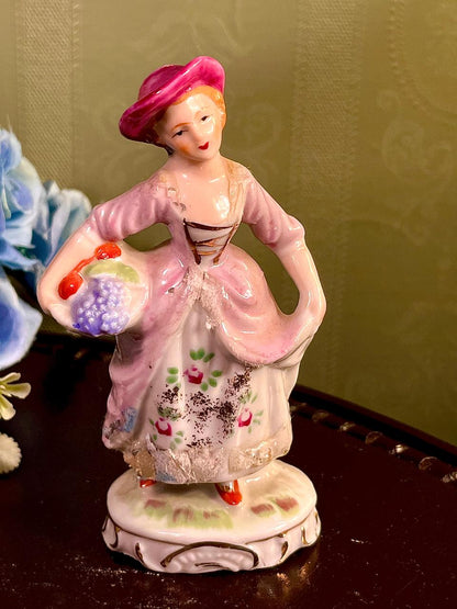 Vintage Lady with Flower Basket Porcelain Figurine 5 Inch