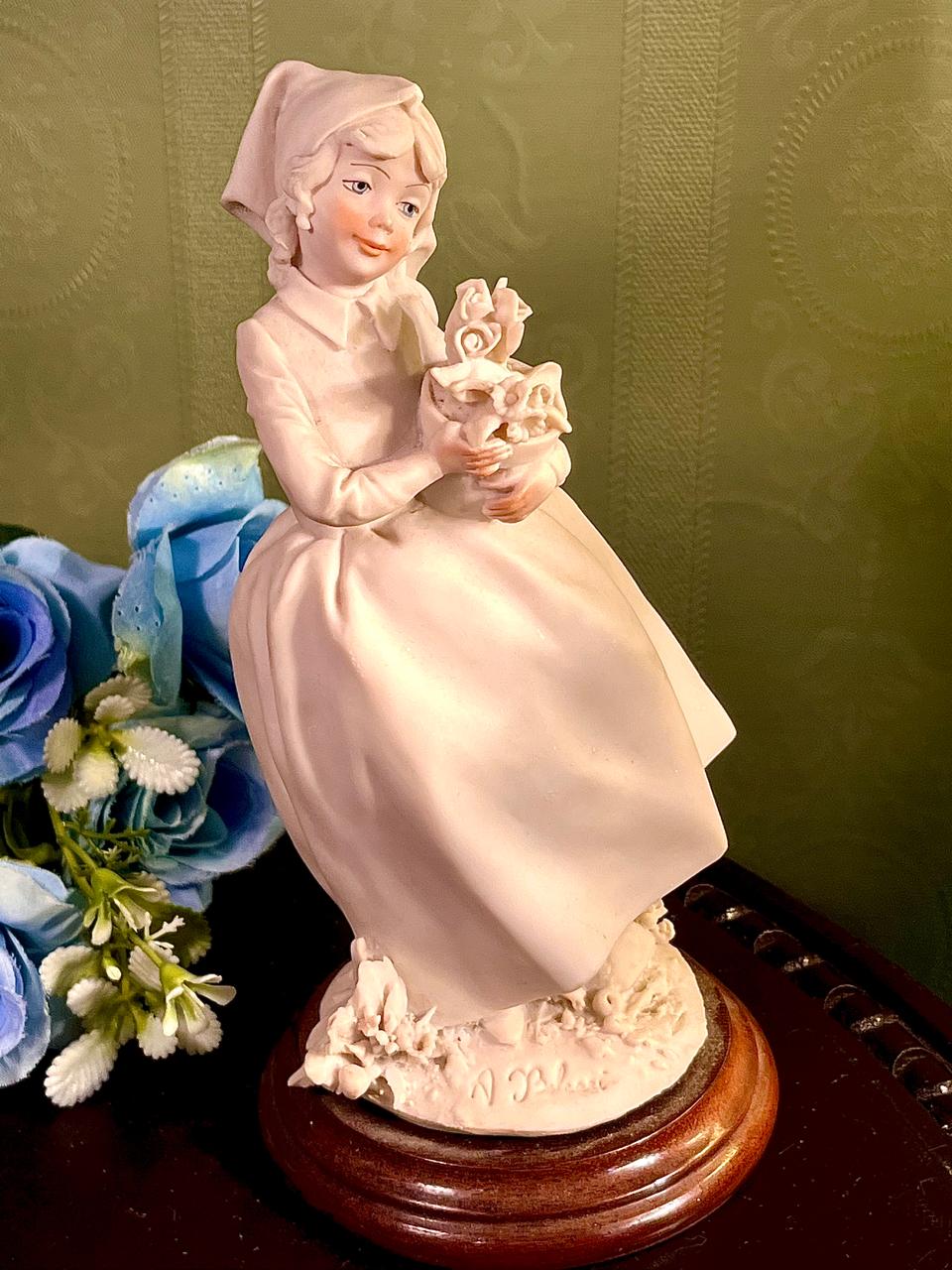 Ivory Lady with Flowers Figurine on Wood Base 8 Inch