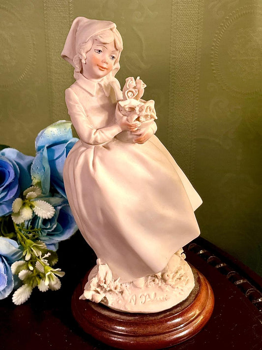 Ivory Lady with Flowers Figurine on Wood Base 8 Inch