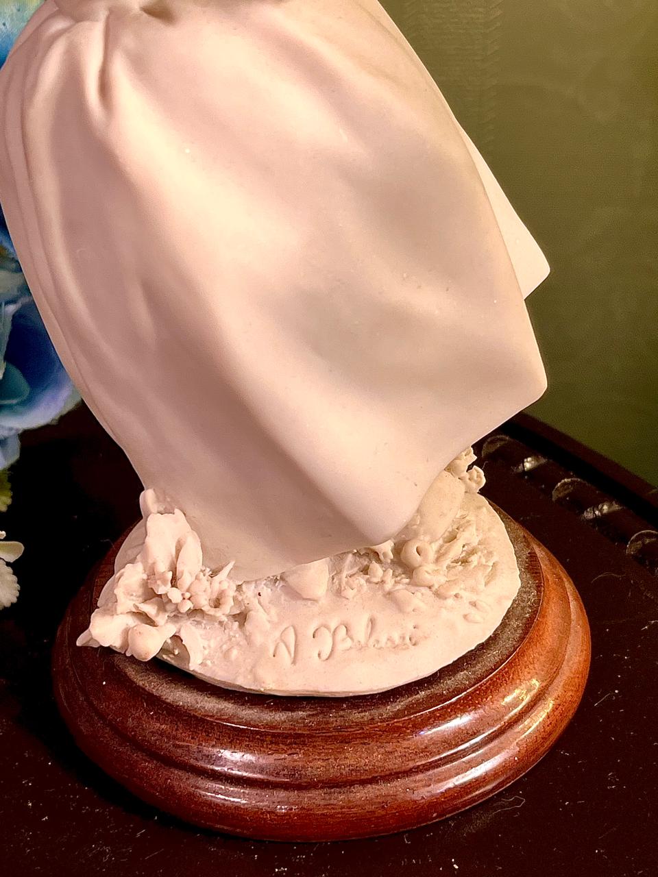 Ivory Lady with Flowers Figurine on Wood Base 8 Inch