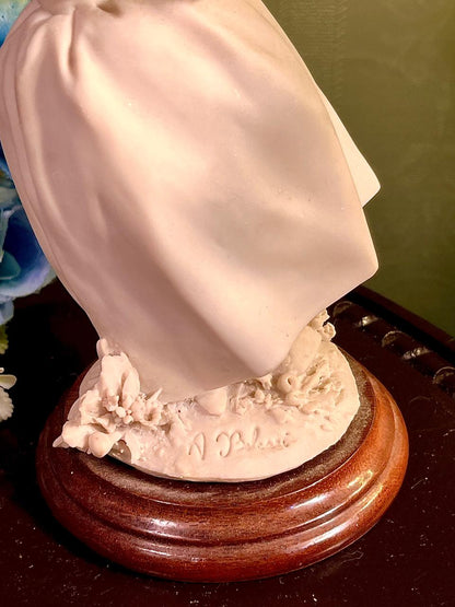 Ivory Lady with Flowers Figurine on Wood Base 8 Inch