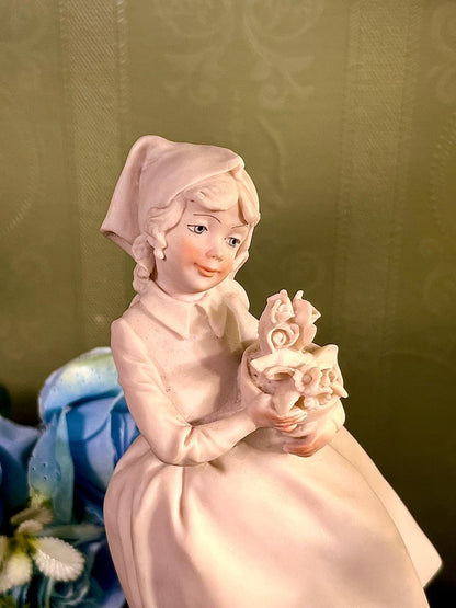 Ivory Lady with Flowers Figurine on Wood Base 8 Inch
